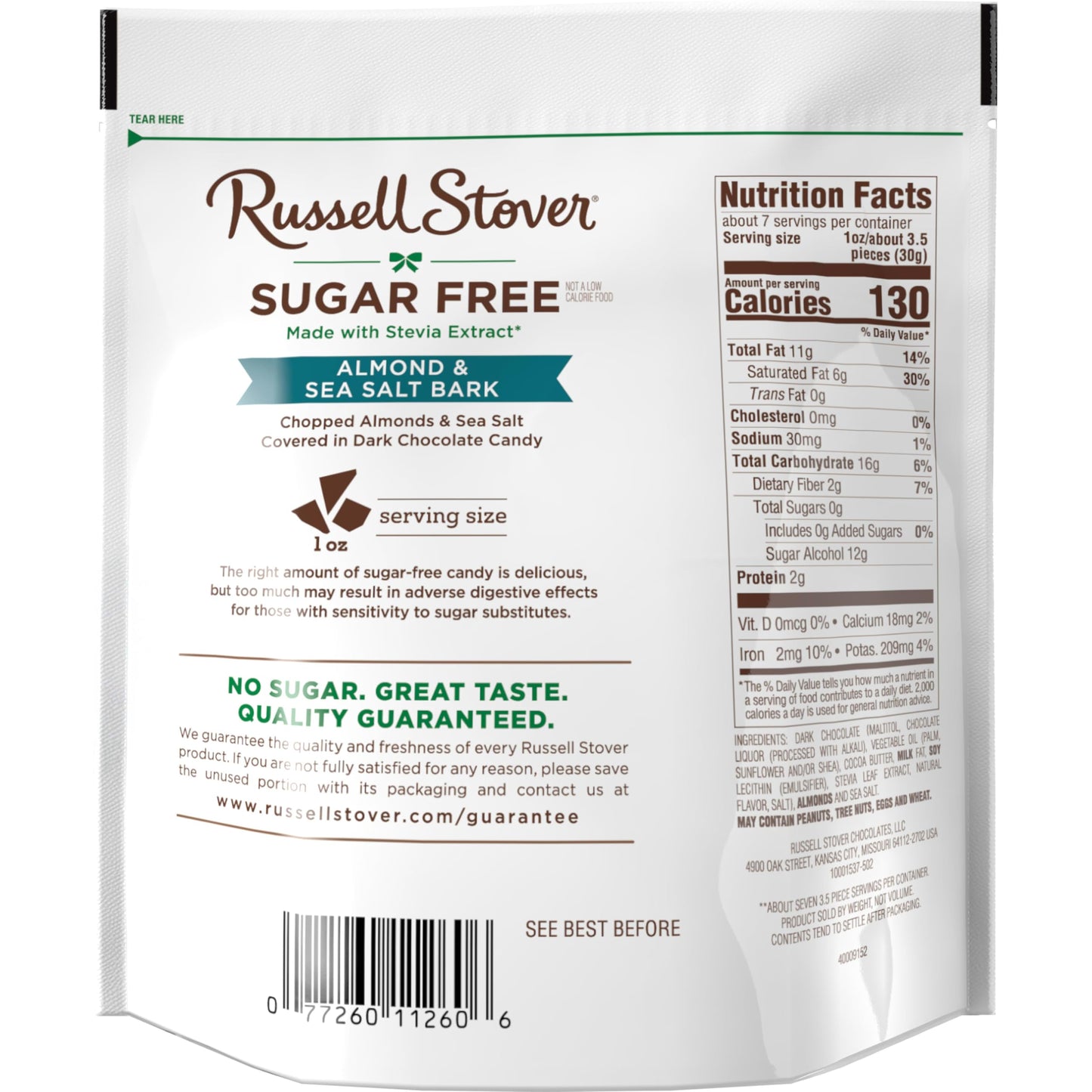 RUSSELL STOVER Sugarfree Dark Chocolate Almond & Sea Salt Bark, 7.5 oz bag, 5 Pack