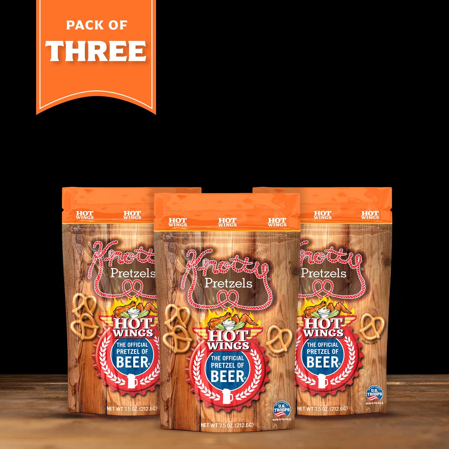 Knotty Pretzels Seasoned Pretzels, Hot Wings Flavor, 7.5 oz Individual Bags, 3-Pack