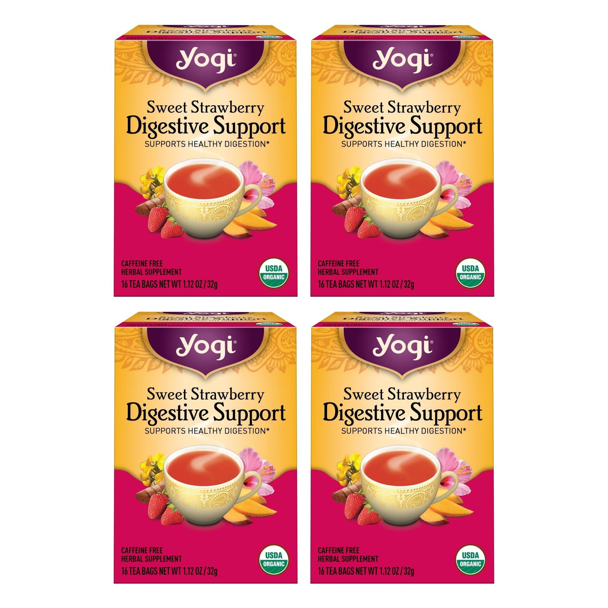 Yogi Tea Sweet Strawberry Digestive Support - 16 Tea Bags Per Pack (4 Pack) - Organic Turmeric Tea Bags - Digestive Support Tea