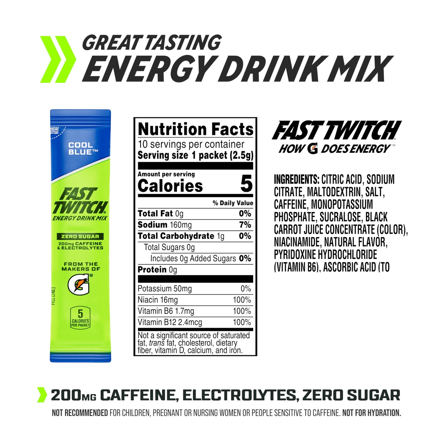 Fast Twitch Energy Drink Mix, Cool Blue, Zero Sugar, Caffeine, Electrolytes, 0.08oz Packets, 10 Pack