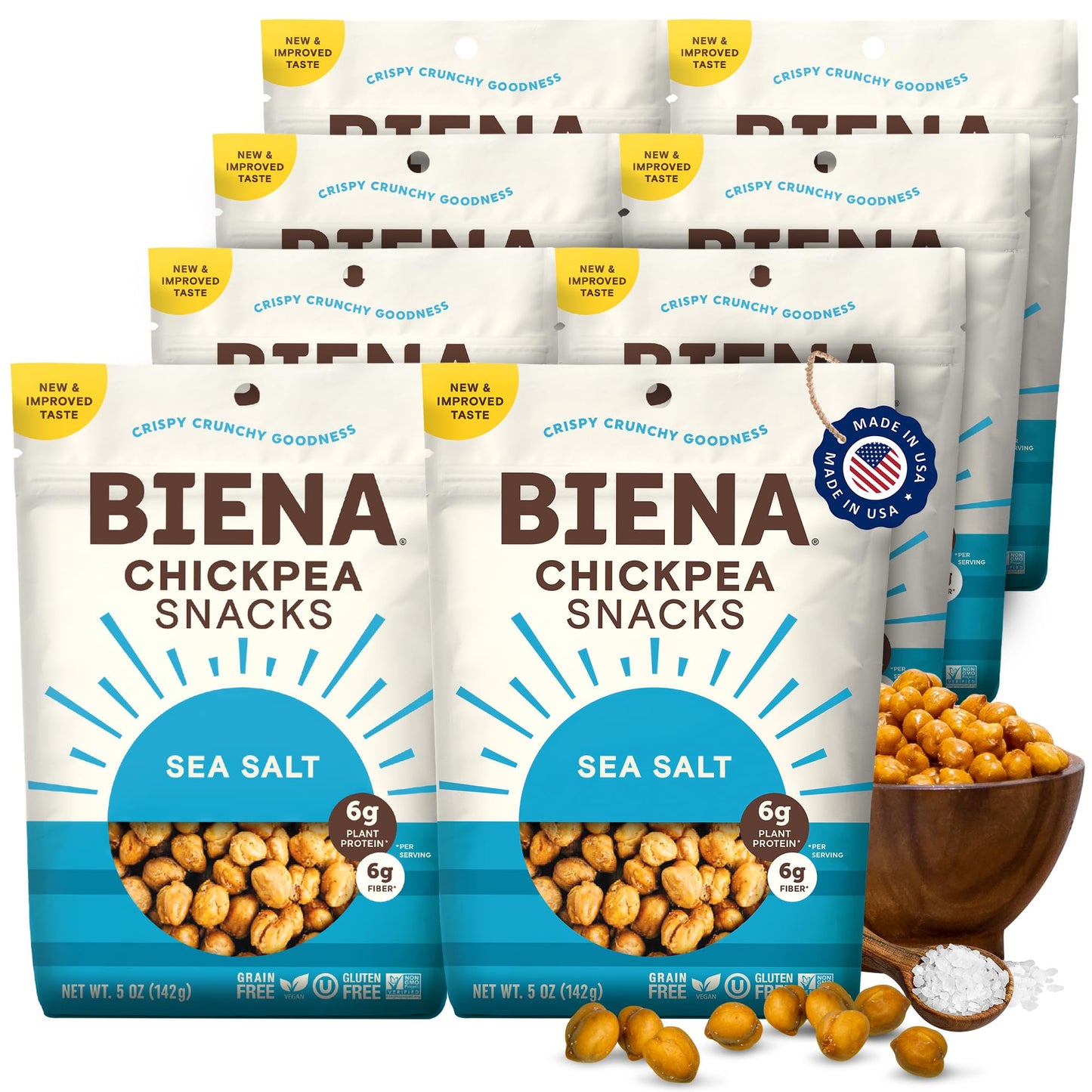 BIENA Chickpea Snacks - Crunchy Roasted Chickpeas - High Fiber Vegan Protein - 8-Pack, 5 Ounce Bags, Sea Salt