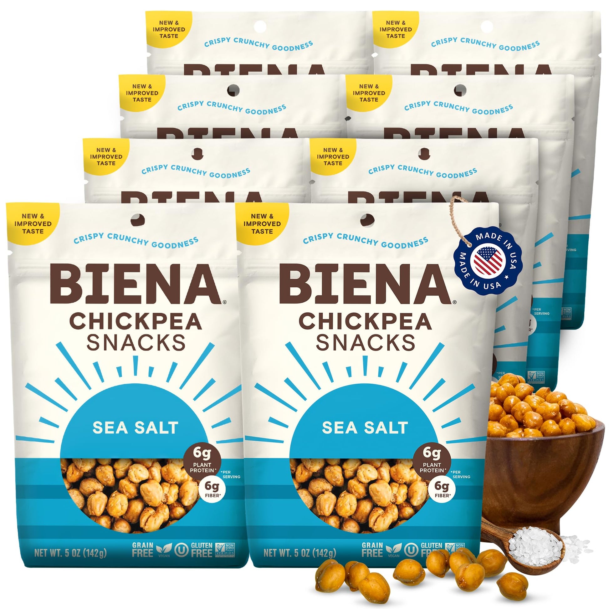 BIENA Chickpea Snacks - Crunchy Roasted Chickpeas - High Fiber Vegan Protein - 8-Pack, 5 Ounce Bags, Sea Salt