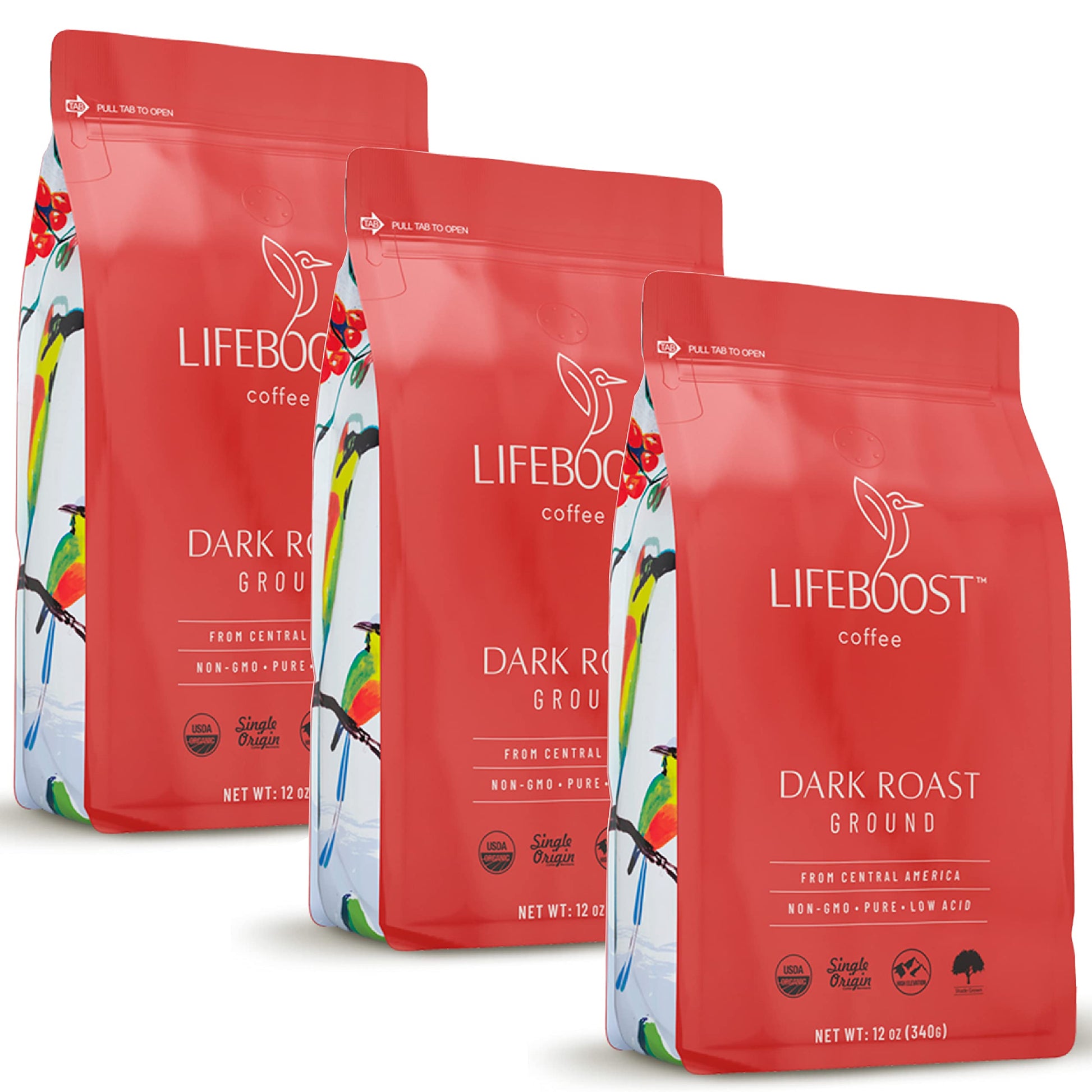 Lifeboost Coffee 3 Pack Dark Roast Ground Coffee - Low Acid Single Origin USDA Organic Coffee - Non-GMO Ground Coffee Beans Dark Roast Third Party Tested For Mycotoxins & Pesticides - 12 Ounces