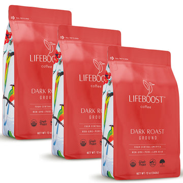 Lifeboost Coffee 3 Pack Dark Roast Ground Coffee - Low Acid Single Origin USDA Organic Coffee - Non-GMO Ground Coffee Beans Dark Roast Third Party Tested For Mycotoxins & Pesticides - 12 Ounces