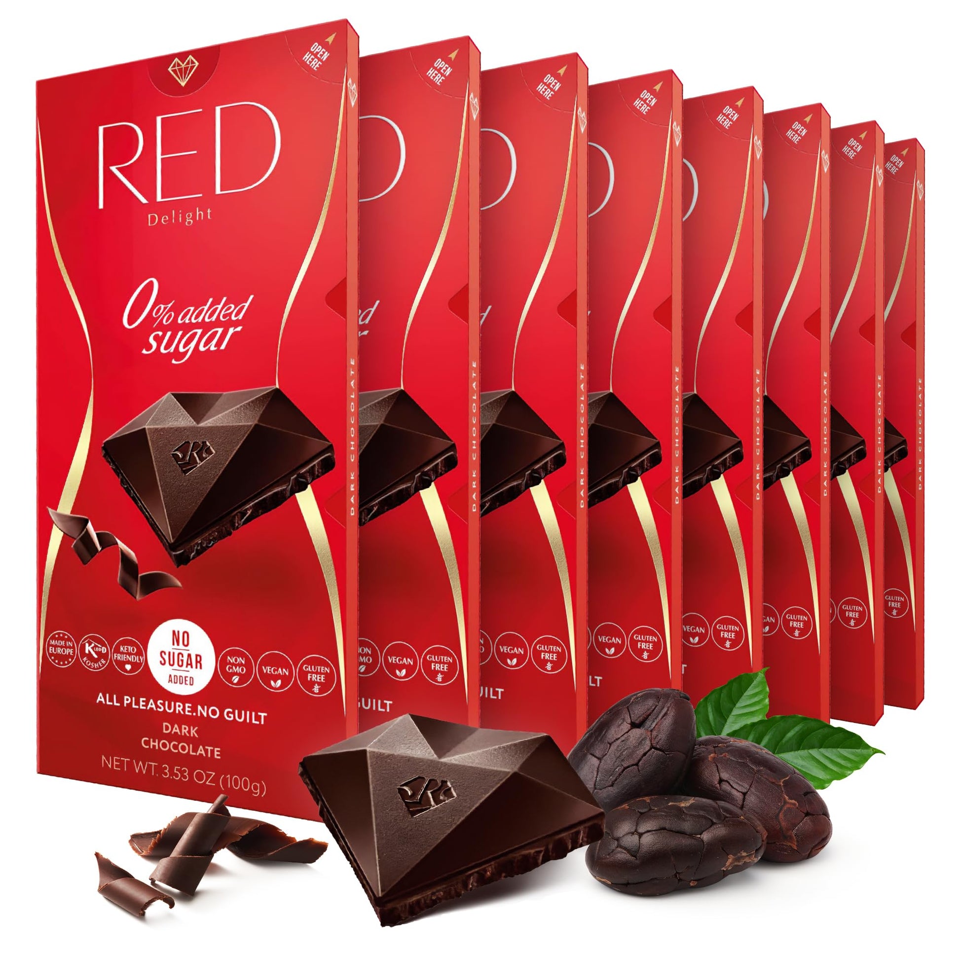 Red Delight Dark Chocolate Bars - 3.53 Oz  Pack Of 8 - European Vegan- Low Carb  Kosher  No Added Sugar  Gluten-Free  Smooth  Creamy  Keto-Friendly  Guilt-Free Snack