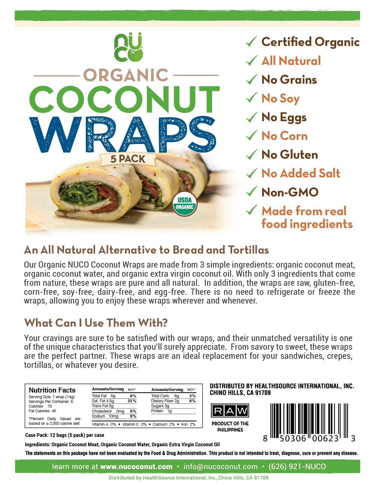 NUCO Certified ORGANIC Paleo Gluten Free Vegan Coconut Wraps, 5 Wraps, 2.47 oz