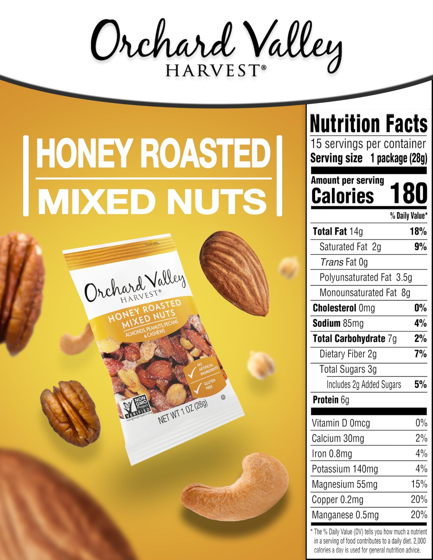 Orchard Valley Harvest Honey Roasted Mixed Nuts, 1 Ounce Bags (Pack of 15), Almonds, Peanuts, Pecans, and Cashews, Gluten Free,