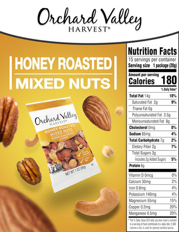 Orchard Valley Harvest Honey Roasted Mixed Nuts, 1 Ounce Bags (Pack of 15), Almonds, Peanuts, Pecans, and Cashews, Gluten Free,