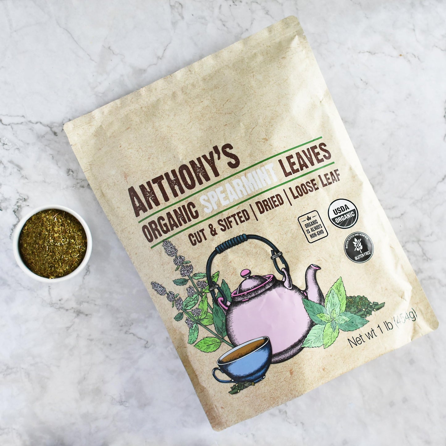 Anthonys Organic Dried Spearmint Leaves  1 lb  Gluten Free  Non GMO  Cut and Sifted