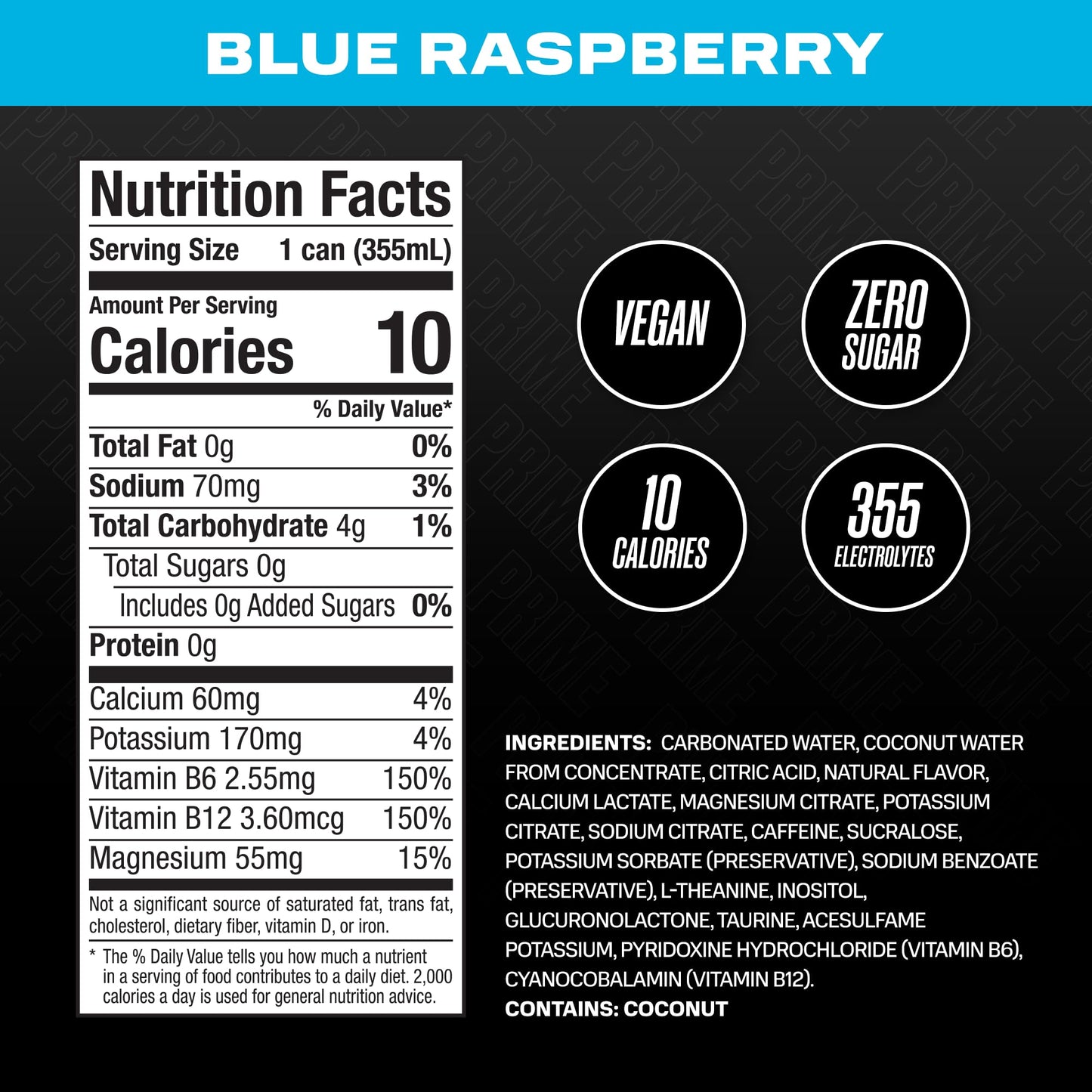 PRIME HYDRATION Energy Drink - Blue Raspberry, 200mg Caffeine, 355mg Electrolytes, Vegan, Gluten Free, 12 Fluid Ounce, 12 Pack