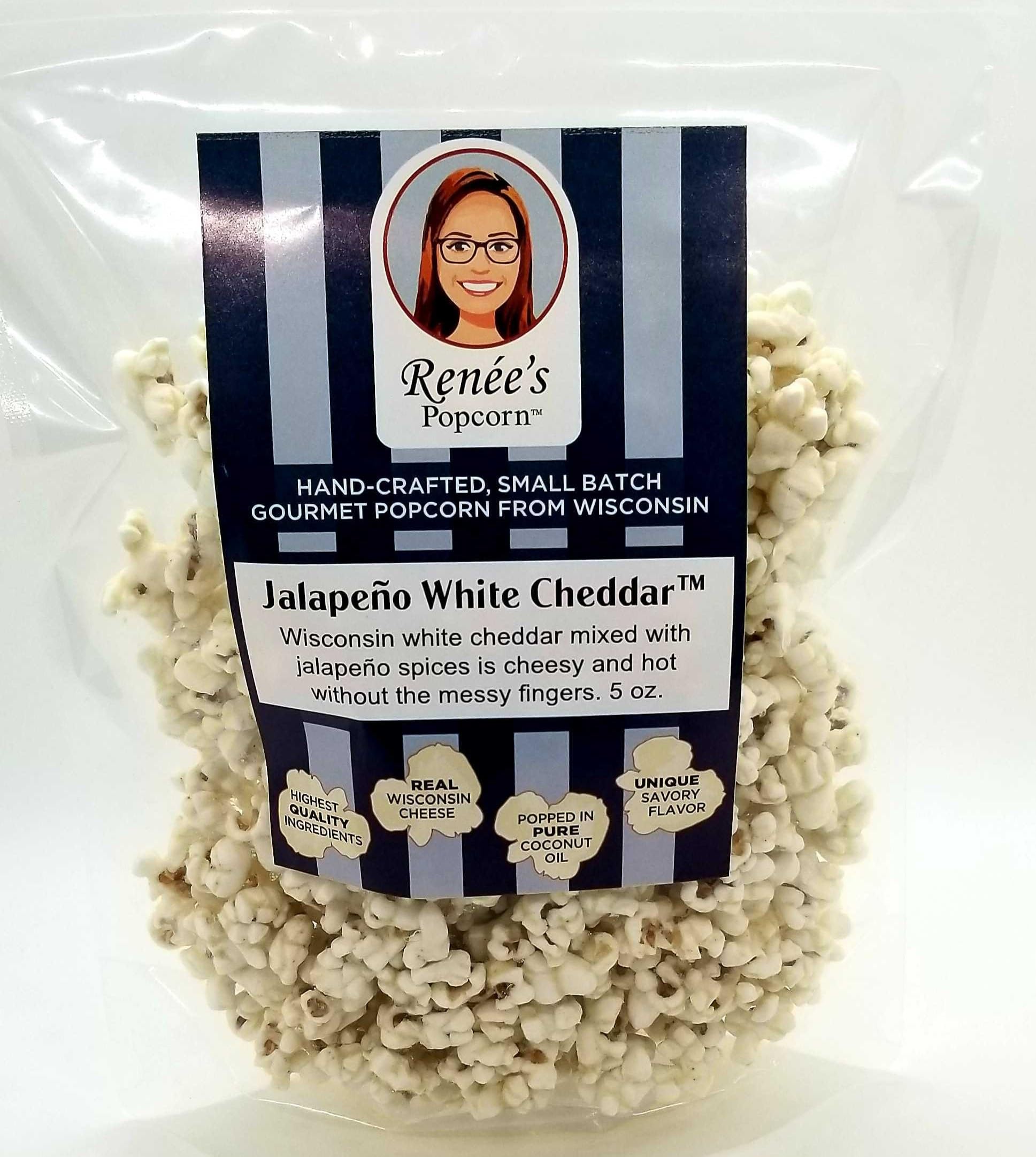 Ren  es Jalapeo White Cheddar  Gourmet Popcorn - Wisconsin white cheddar meets bold yet mild jalapeo heat on fresh popped corn, 