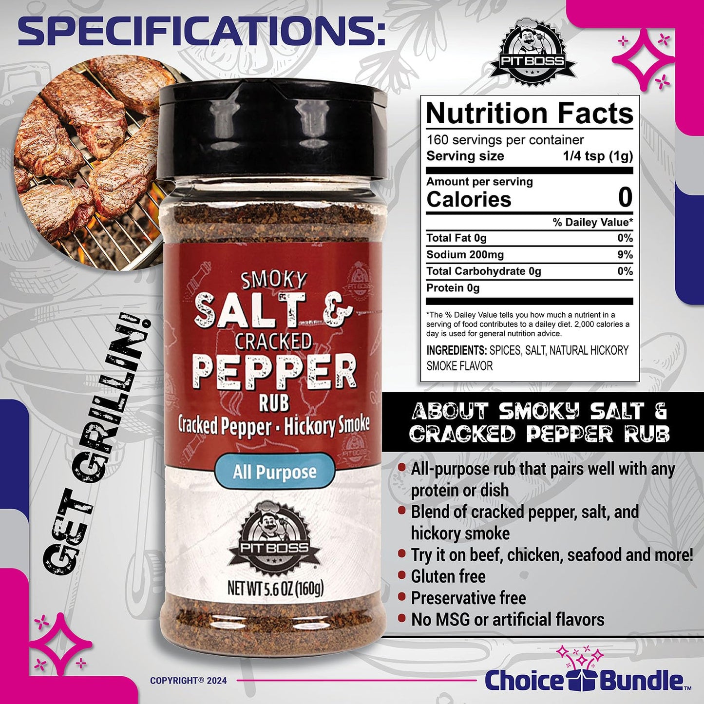 Pit Boss BBQ Seasoning Spice & Rub, Smoky Salt &  ed Pepper, 11.2 oz (2 Pack) + Guide & Keychain Opener