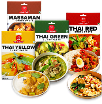 El The Cook Thai Curry Paste Value Combo (4 Pack)- Red,Yellow,Green,Massaman | 100% Veg | Restaurant Style Chicken,Fish,Prawn,Ve