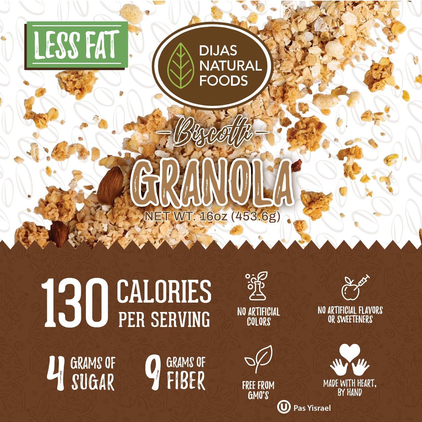 Dijas Natural Foods, Low Fat Biscotti Granola, All Natural Preservative Free Ingredients, Delicious Low Calorie Snack (16 Oz, Gr