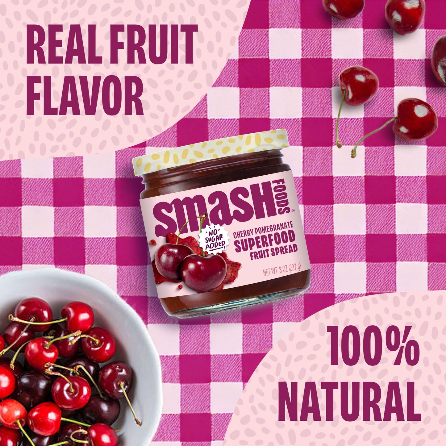Smash Foods Cherry Pomegranate Jam | Low-Calorie, No Sugar Added Keto Jam With Upcycled Fruit & Chia Seeds | Vegan, Paleo Superf