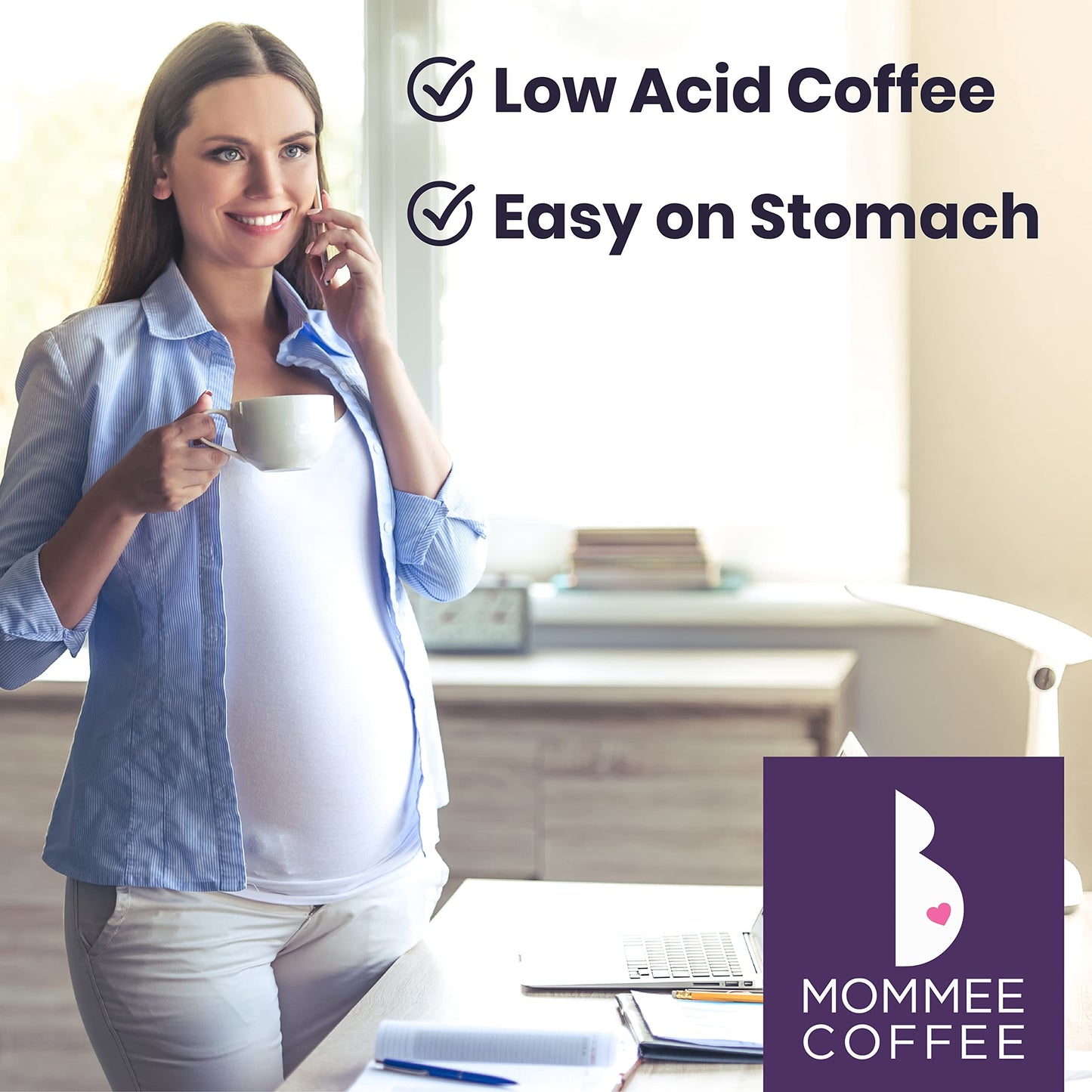 MOMMEE COFFEE Full Caf Low Acid Organic Coffee Beans - 100% Arabica Medium Roast - 11 oz - Purple