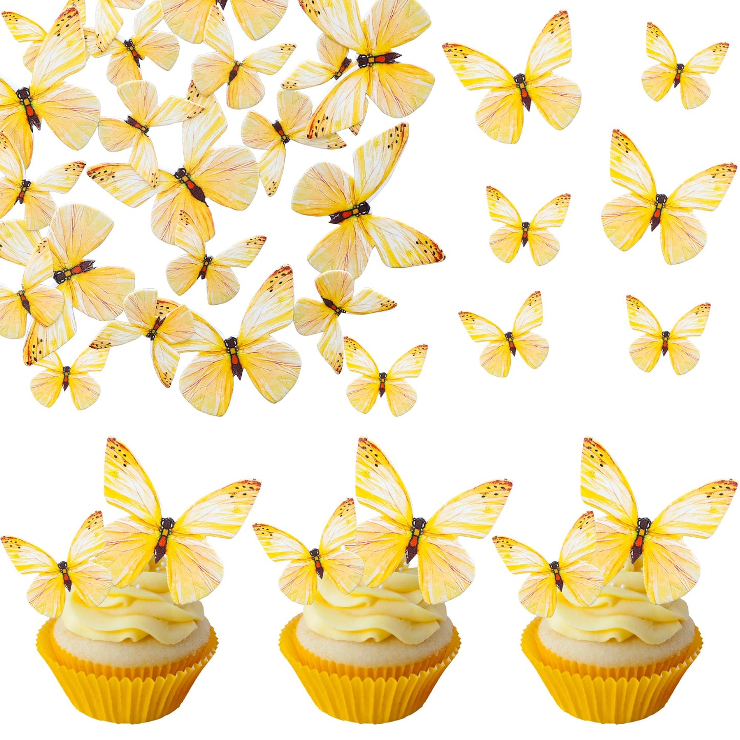 Ephlyn 72Pcs Edible 3D Realistic Cupcake Toppers - Cute Butterfly Cake Picks For Baby Shower  Boys Girls Birthday Party Decorations - Yellow