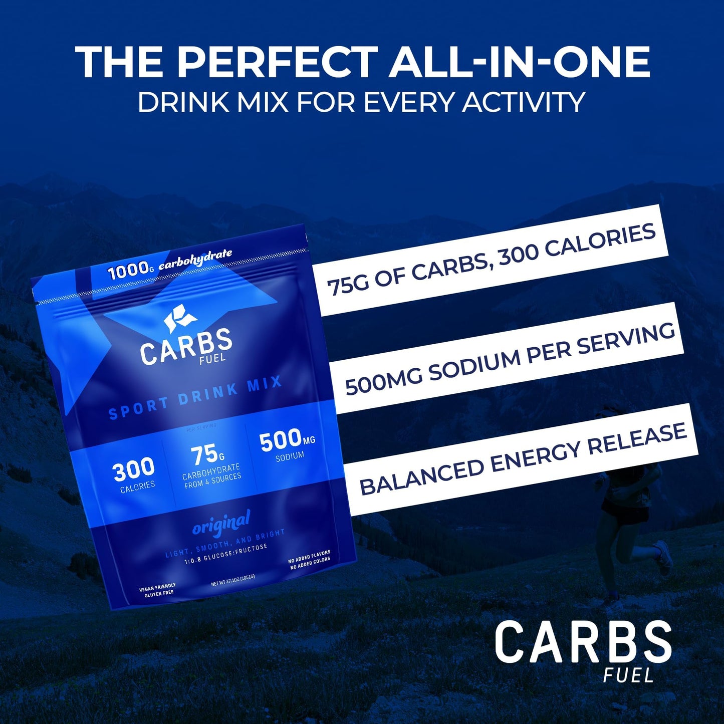 Carbs Fuel Sport Drink Powder - Original Flavor, 2 Pack, 1,000g Total, 75g Carbs, 300 Calories Per Serving
