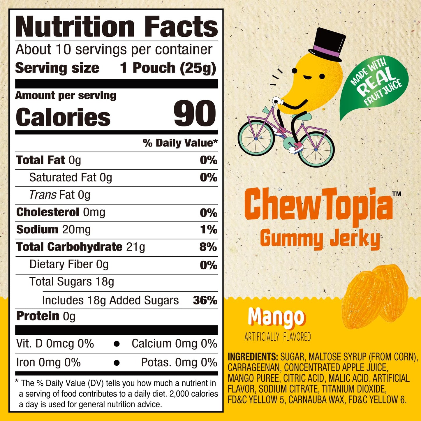 Amos Chewtopia Mango Gummy Jerky - Vegan Chewy Fruit Snack, Tastes Like Real Dried Mango, Soft & Chewy Gummy Candy, 8.47Oz Box (