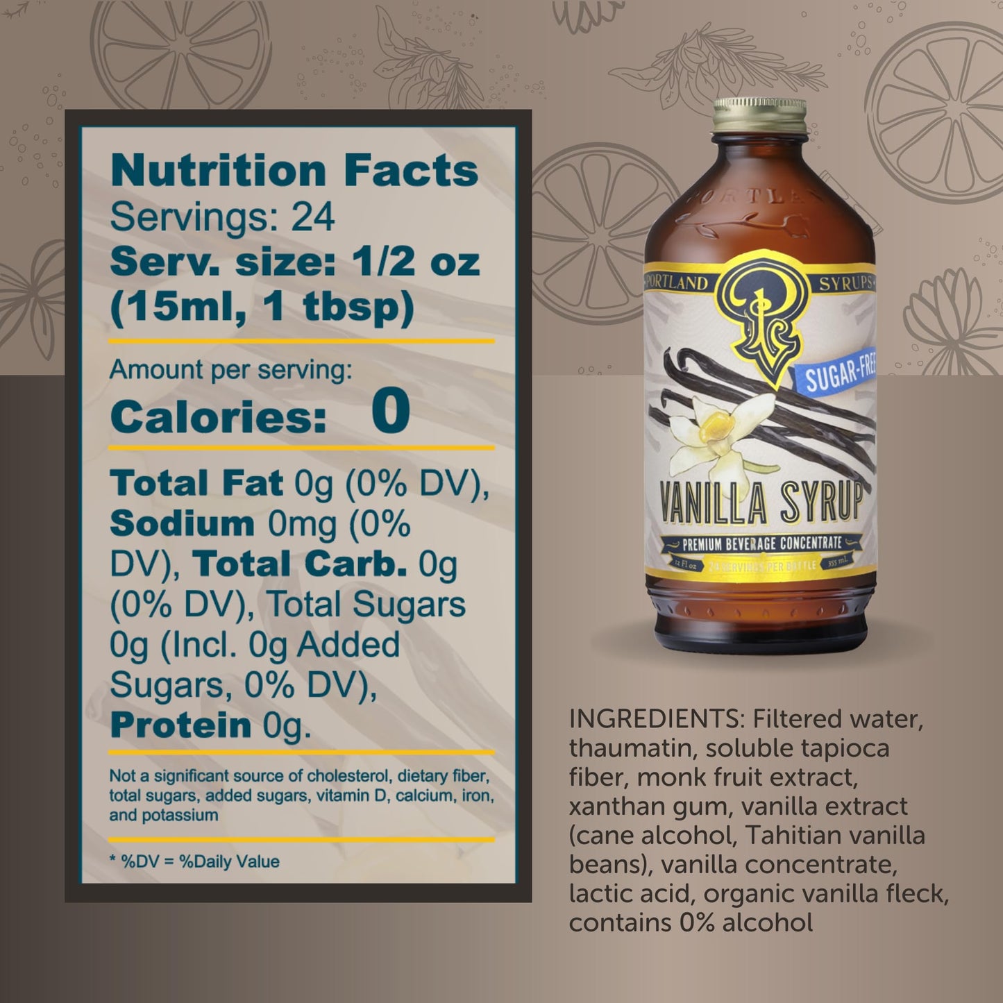 Portland Syrups Sugar-Free Vanilla Syrup - Smooth Creamy Classic Vanilla for Lattes, Cold Brew, Iced Tea, Smoothies, Desserts, N