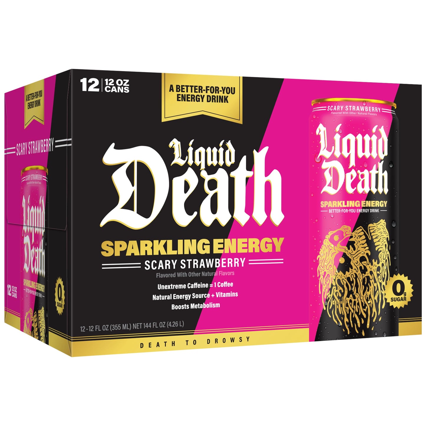 Liquid Death Sparkling Energy - Scary Strawberry (Strawberry and Lemon Flavor)  Sugar-Free Energy Drink  Unextreme Caffeine 100mg  Essential Vitamins  12 Fl Oz (Pack of 12)