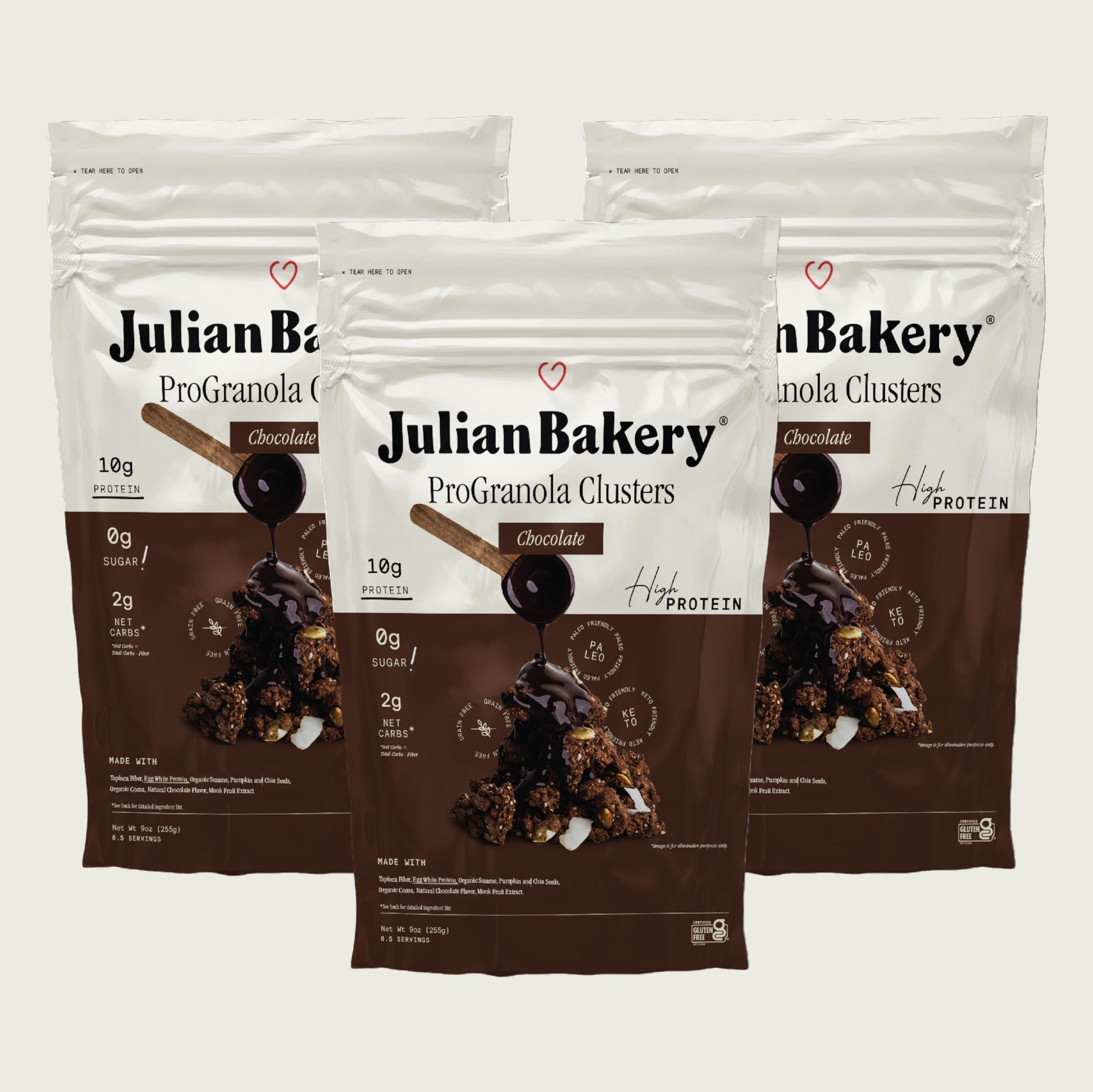 Julian Bakery ProGranola Cereal | Chocolate | 10g Protein | Paleo | 2 Net Carbs | Gluten-Free | Grain-Free | 9oz (3 PACK)