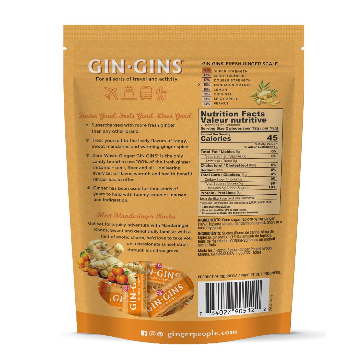 The Ginger People GIN GINS Mandarin Orange Ginger Chews - Natural Candy - 3 oz Bag - Pack of 1