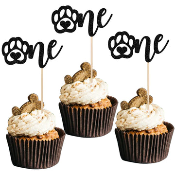 24 Pcs Dog Paw One Cupcake Toppers Glitter 1St Birthday Party Cupcake Picks Decorations For Puppy Dog Theme Baby Shower Kids Fir
