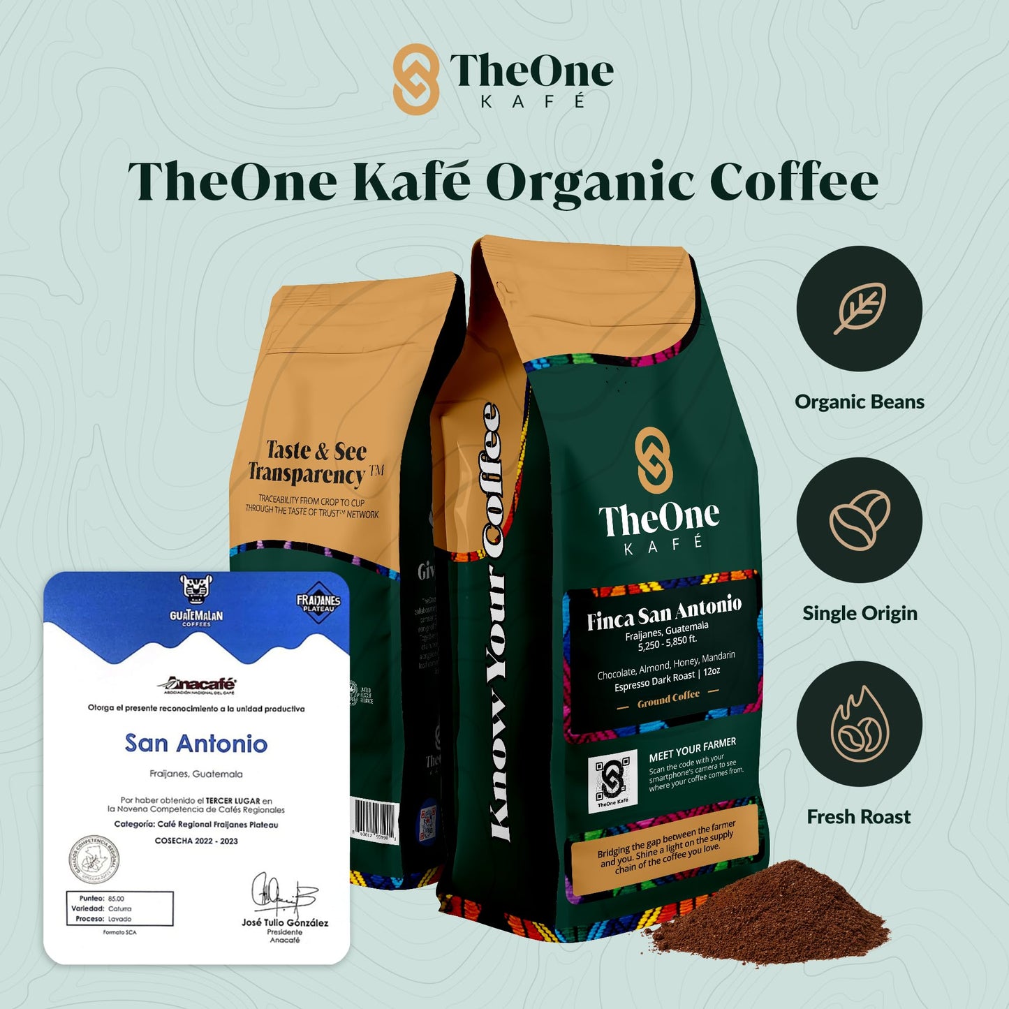 Theone Kaf   Guatemala Dark Roast Ground Coffee, 12Oz - Specialty Organic Coffee Ground, Fresh Roast Single Origin With Rich, Sm