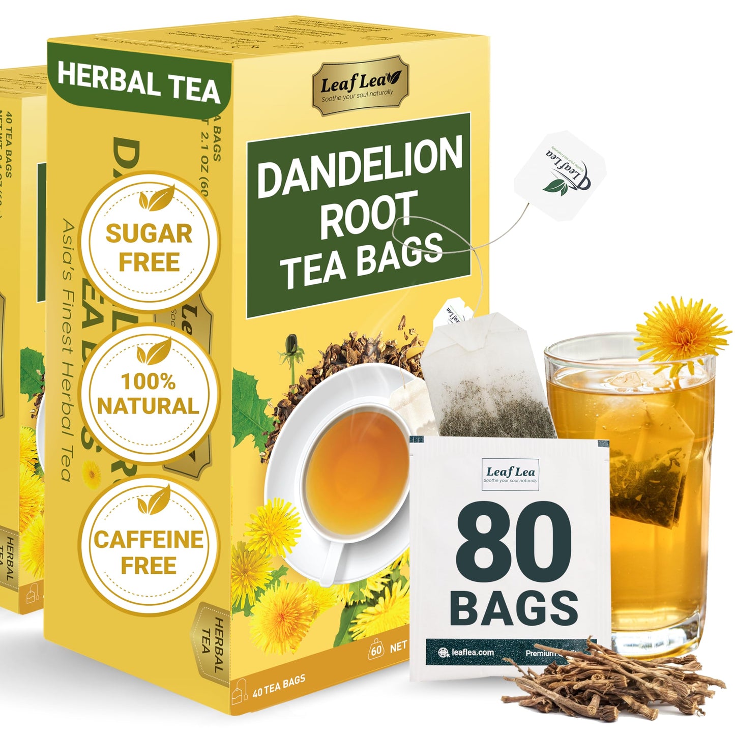 LeafLea Dandelion Tea Bags, Caffeine-Free, Vegan, Gluten-Free, 80 Bags (Pack of 2)