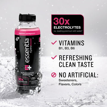 New Essentia Hydroboost Enhanced Bottled Water, 15.2 Fl. Oz. (450 Ml), 12 Pack, Raspberry Pomegranate, Hydrolyte Blend With B-Complex Vitamins And Electrolytes, Clean Taste & Supercharged Hydration