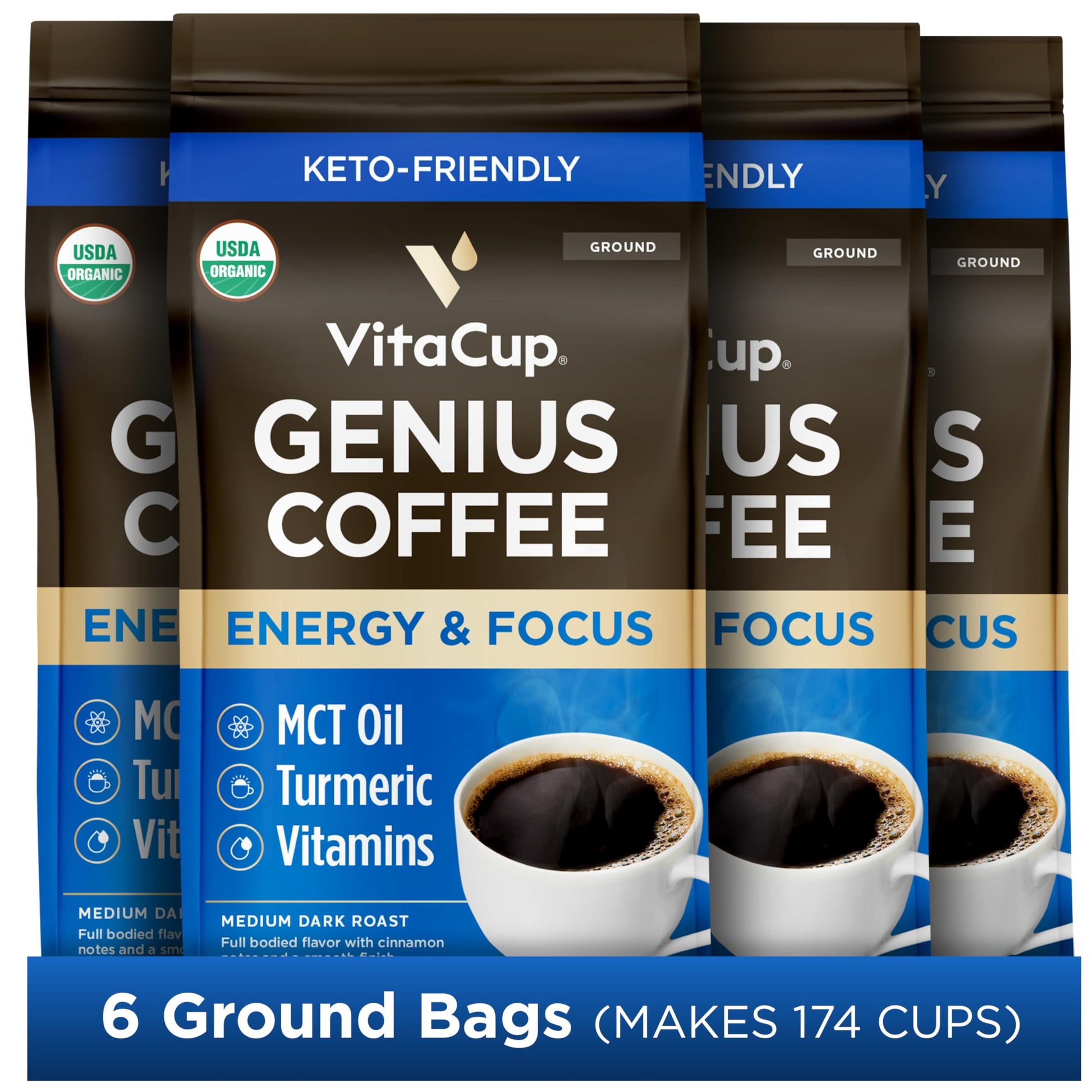 VitaCup Organic Ground Keto Coffee, Medium Dark Roast, 6 Pack, 10 oz Each, Natural