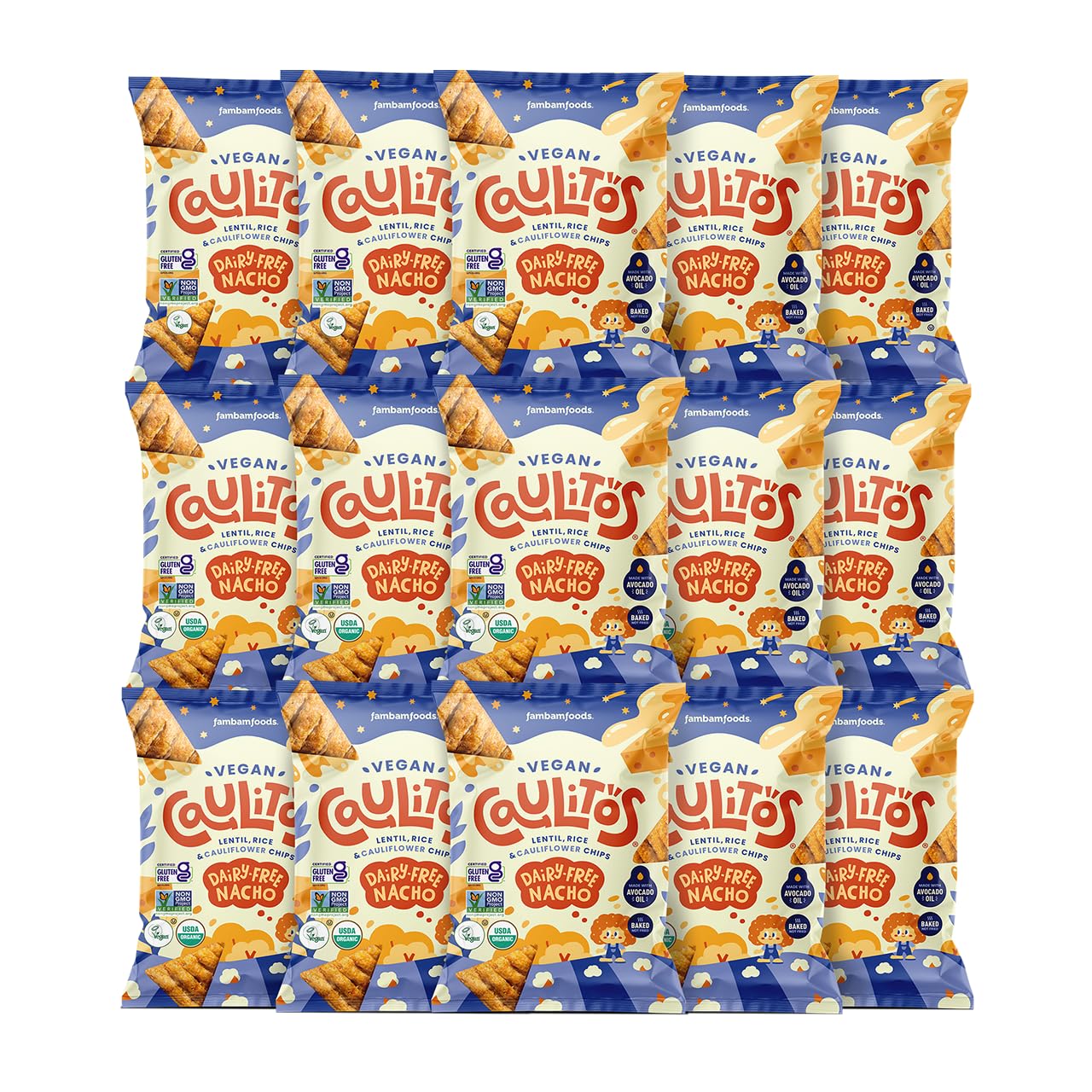 Caulipuffs Caulitos Chips - Organic, Gluten-Free, Non-GMO, Baked with Avocado Oil, Nacho Cheese, 15 Pack (22.5 oz)