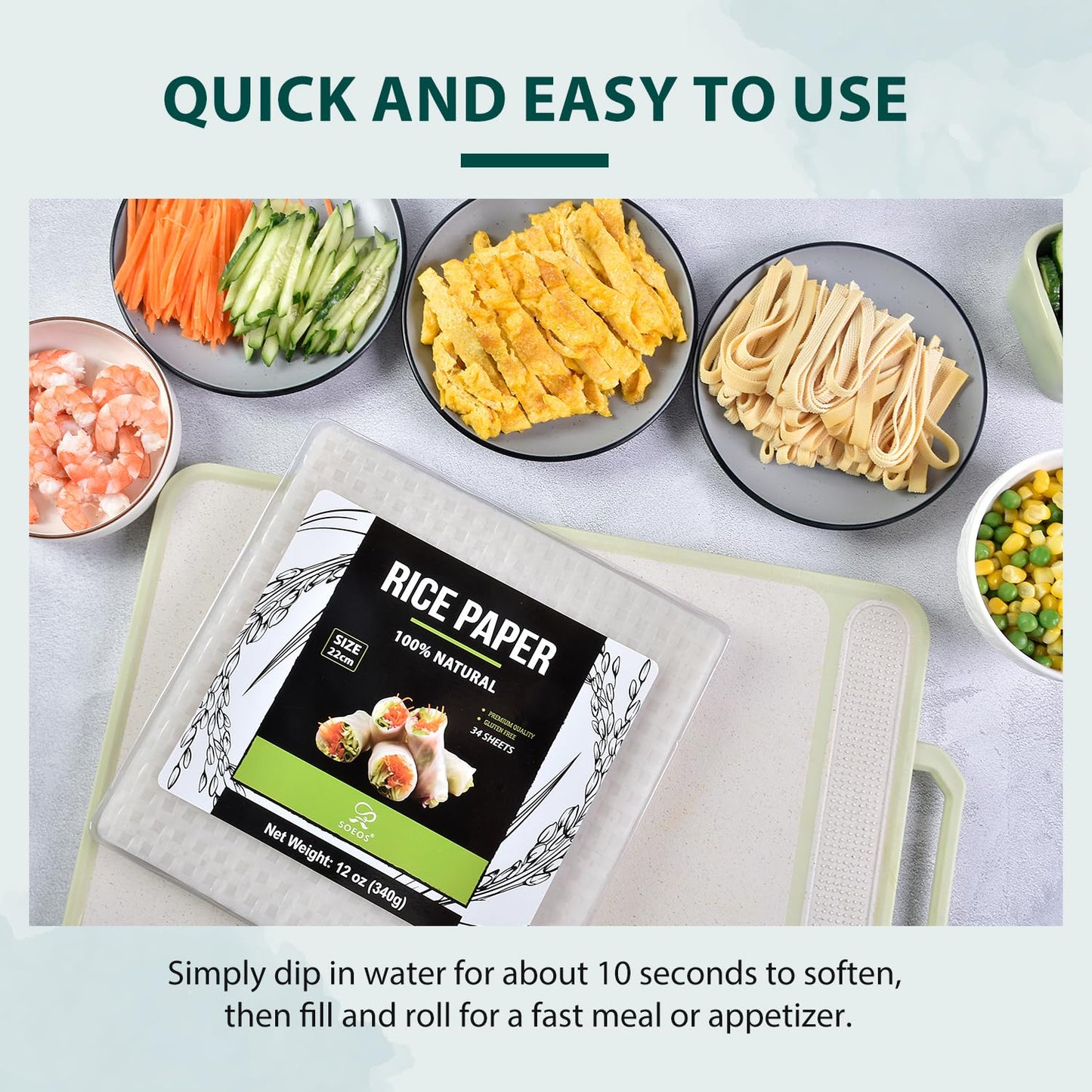 Soeos Rice Paper, White Rice Paper Wrappers, 1 Pack, 34 Sheets-Fresh Spring Roll Wrappers & Dumplings, Non-Gmo, Gluten-Free, Low