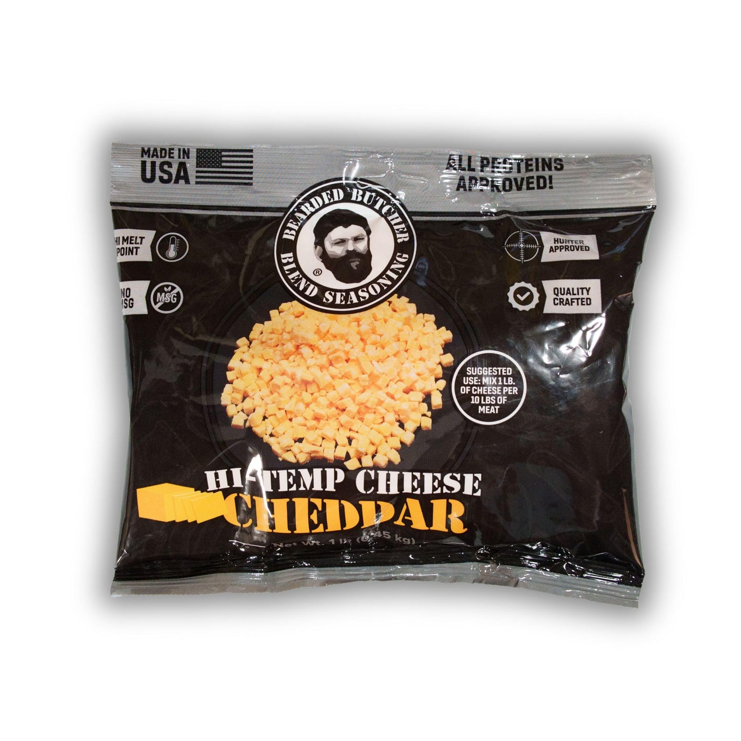 Bearded Butchers High-Temp Cheddar Cheese 1 Lb - Shelf-Stable 1/4 Cubes For Up To 10 Lbs Of Meat  400F High-Temperature Cheese - Ideal For Sausage Making  Brats  Snack Sticks  Burgers  And More