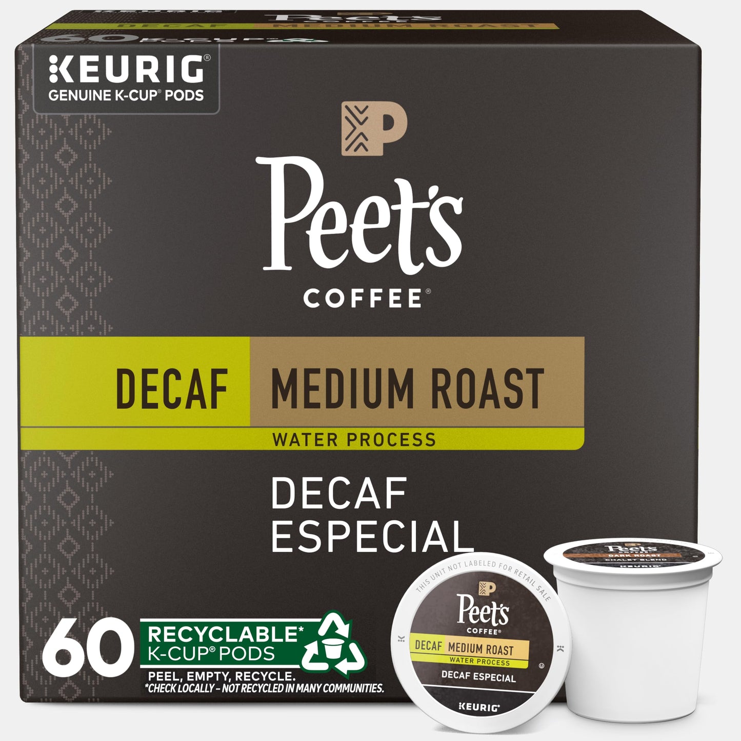 Peets Coffee Medium Roast Decaf K-Cup Pods - 60 Count (6 Boxes of 10 Pods) - Decaf Especial
