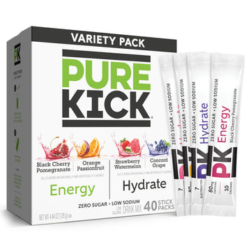 PURE KICK Energy & Hydrate Drink Mix Variety Pack, 40 Count, Black Cherry Pomegranate, Orange Passion Fruit, Strawberry Watermelon, Concord Grape