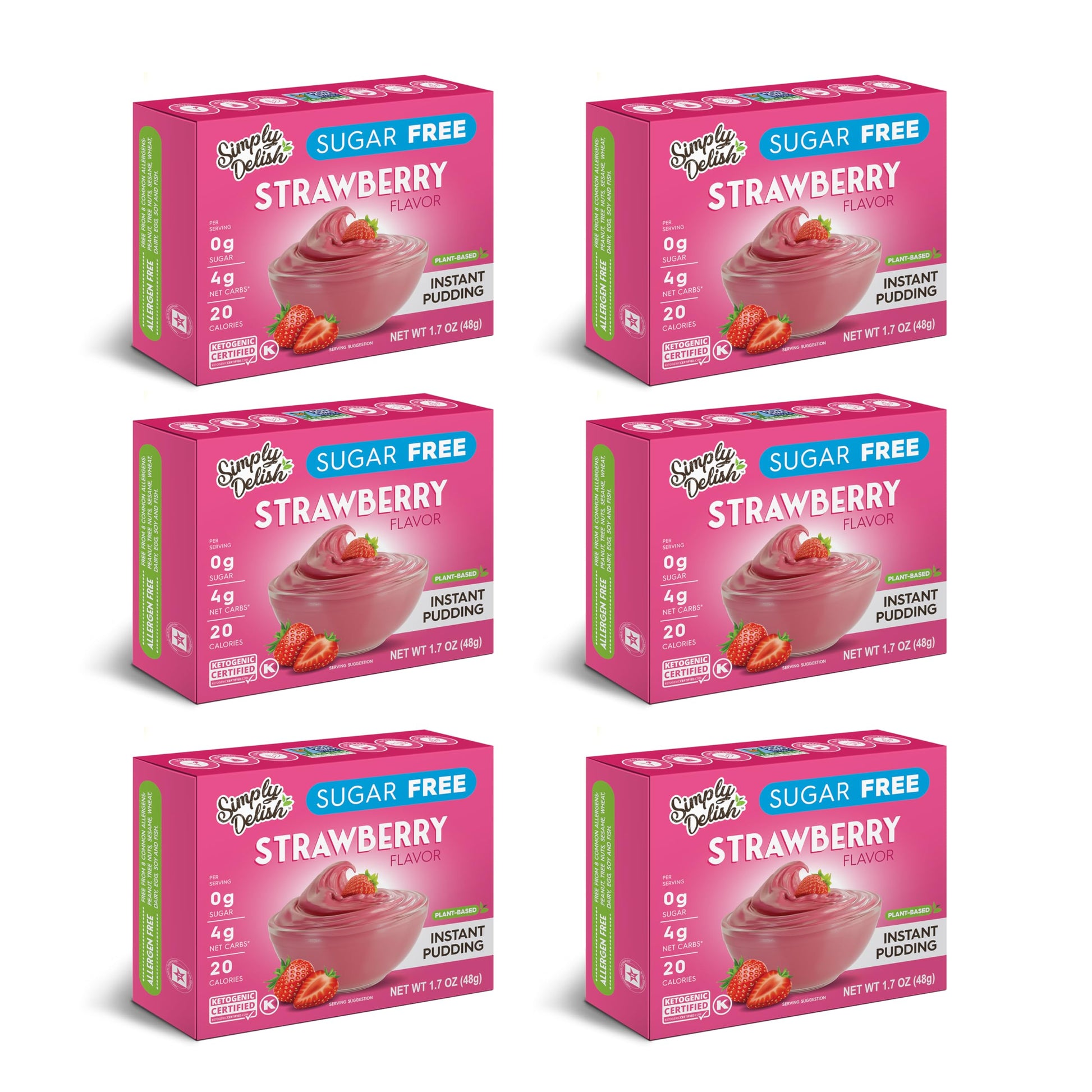 Simply Delish Instant Delicious Strawberry Pudding 6 Pack - Low Carb, Zero Sugar, Gluten Free, Allergen Free, Non-Gmo, Vegan & P