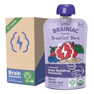 Little Brainiac Breakfast Blend Organic Fruit & Oat Toddler Pouches, Berry Apple Oat with Omega-3s DHA/EPA and Choline, Clean La