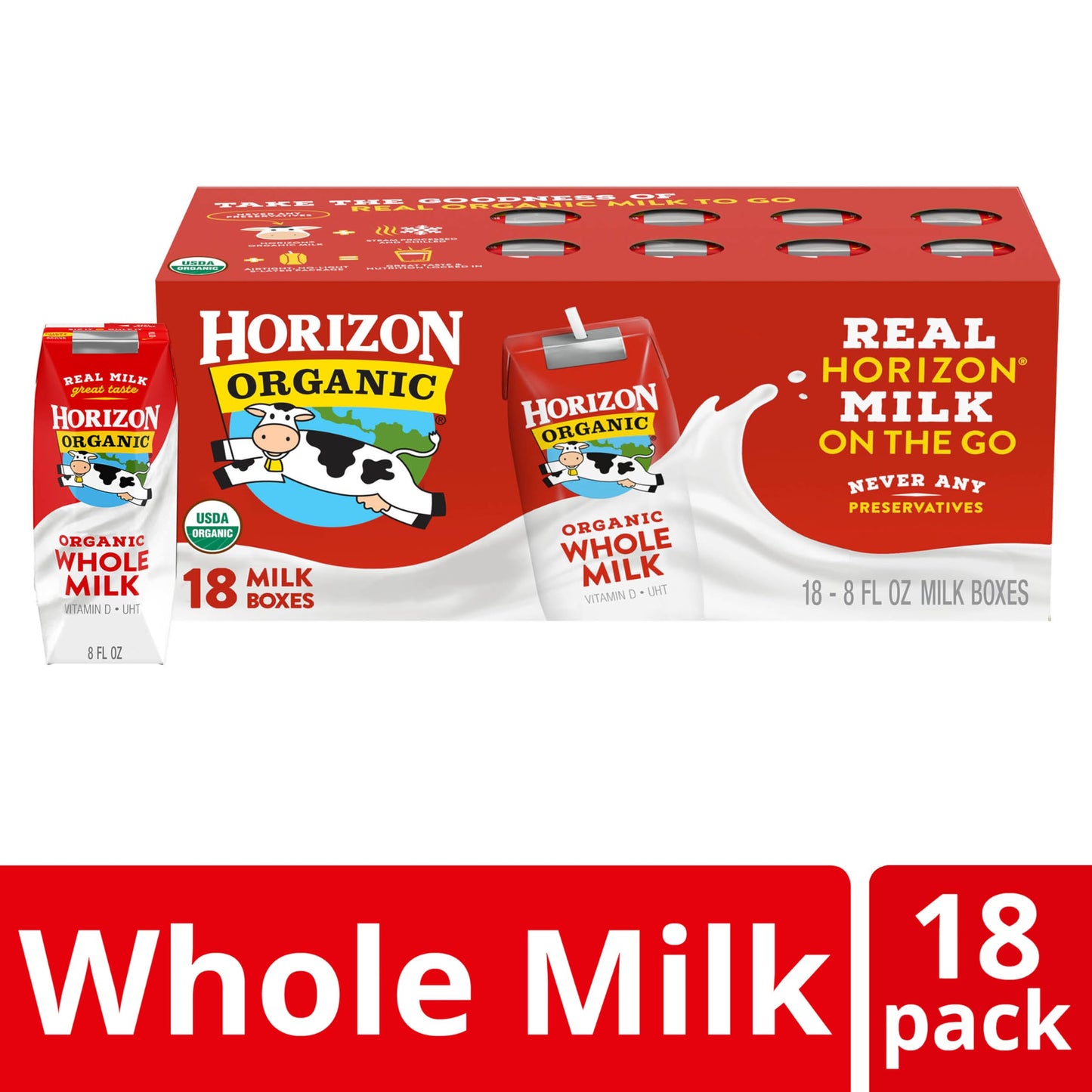 Horizon Organic Shelf Stable Whole Milk Boxes, 8 fl oz, 18 Count - 8g Protein per Serving, USDA Organic UHT from Pasture-Raised