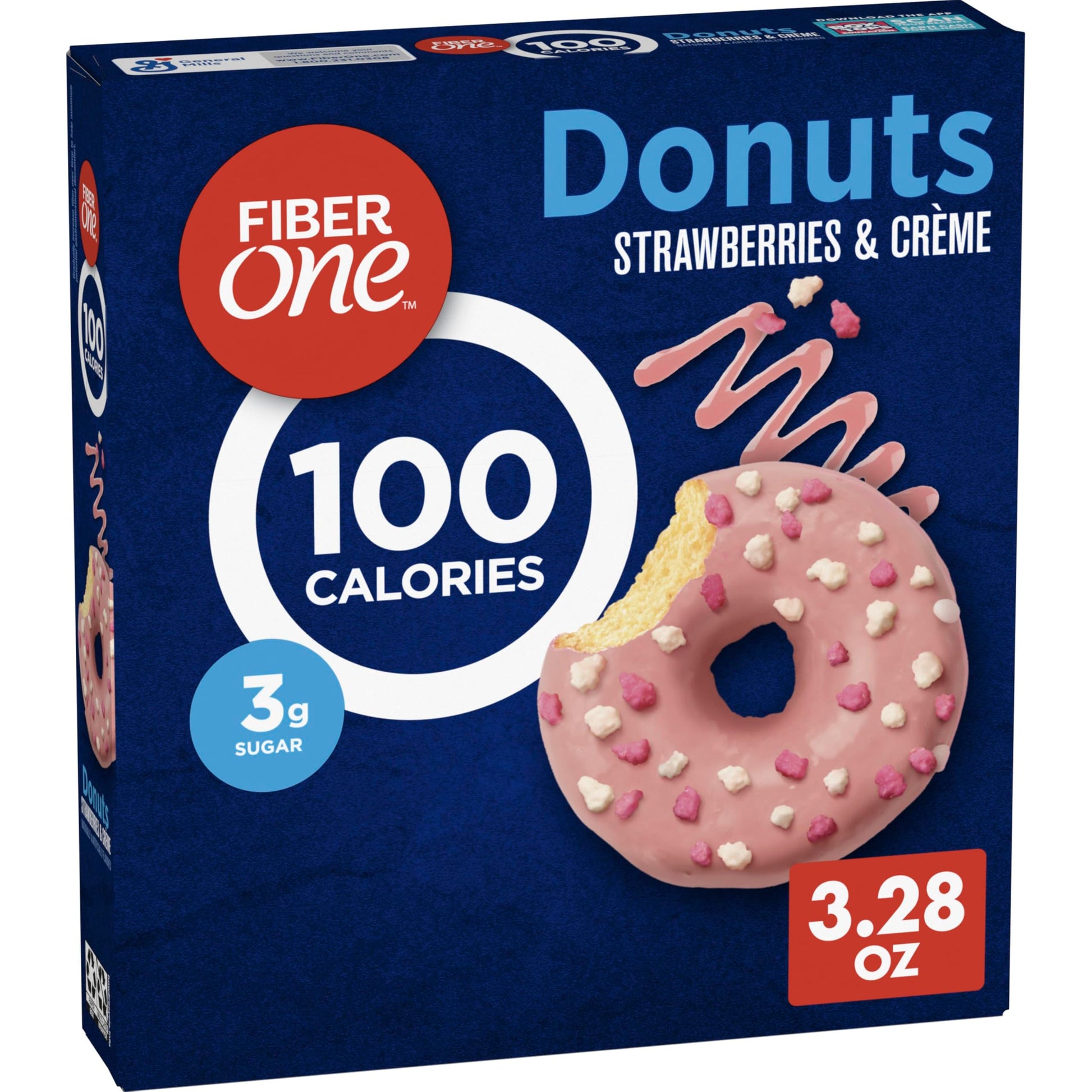 Fiber One 100 Calorie Donuts, Strawberries and Crème, 4 Count, 3.28 oz, 3g Sugar