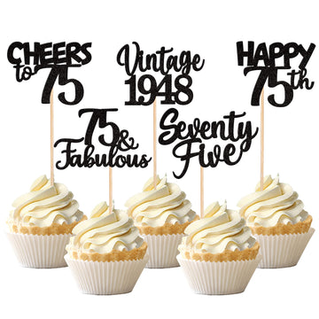 30Pcs Happy 75Th Birthday Cupcake Toppers Glitter Seventy Five Vintage 1948 Cupcake Picks 75 Fabulous Cheers To 75 Years Cake De