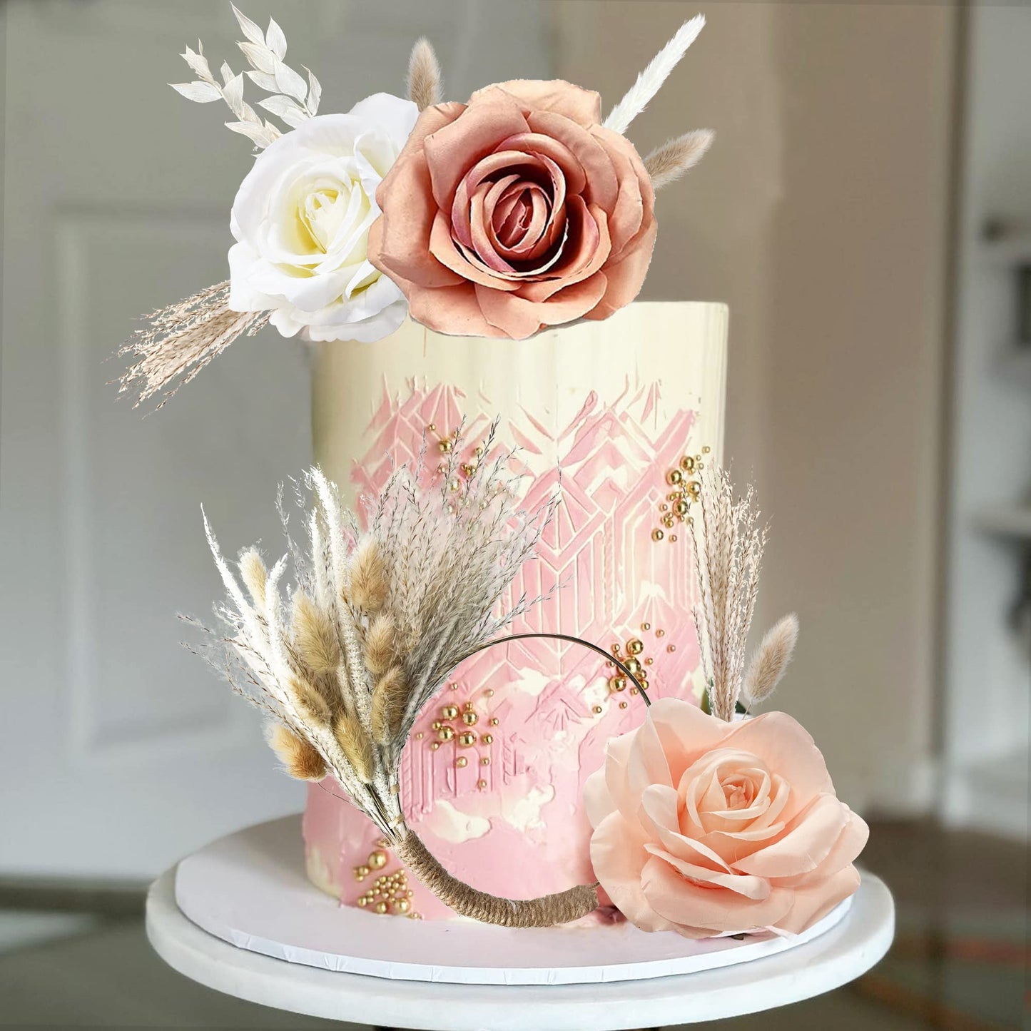 Boho Cake Decorations Flower Cake Toppers Pampas Grass Cake Topper For Wedding Bridal Baby Shower Birthday Party Supplies (Apric