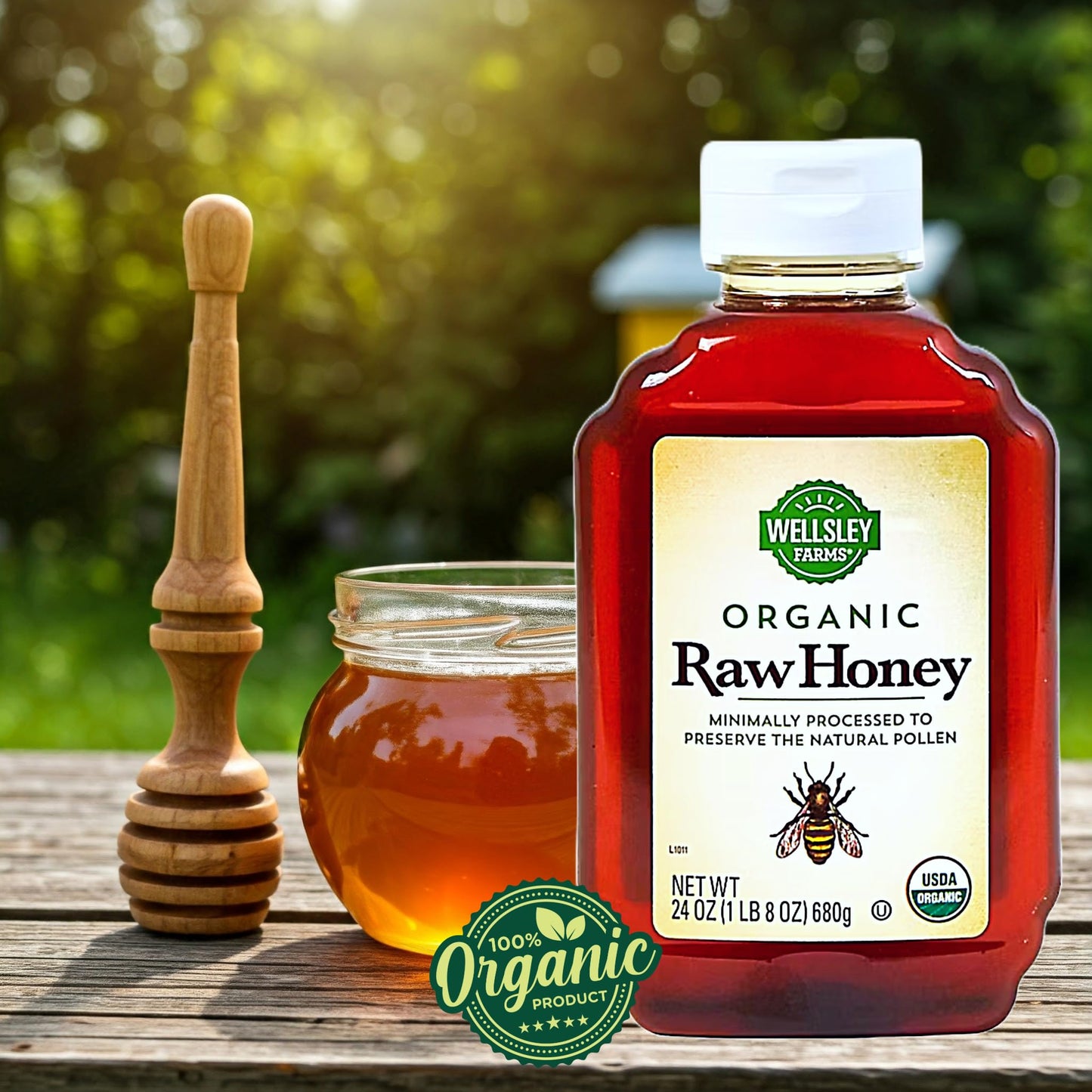 Wellsley Farms Organic Raw Honey, 100% Pure, Usda Certified - 24 Oz Bottle.
