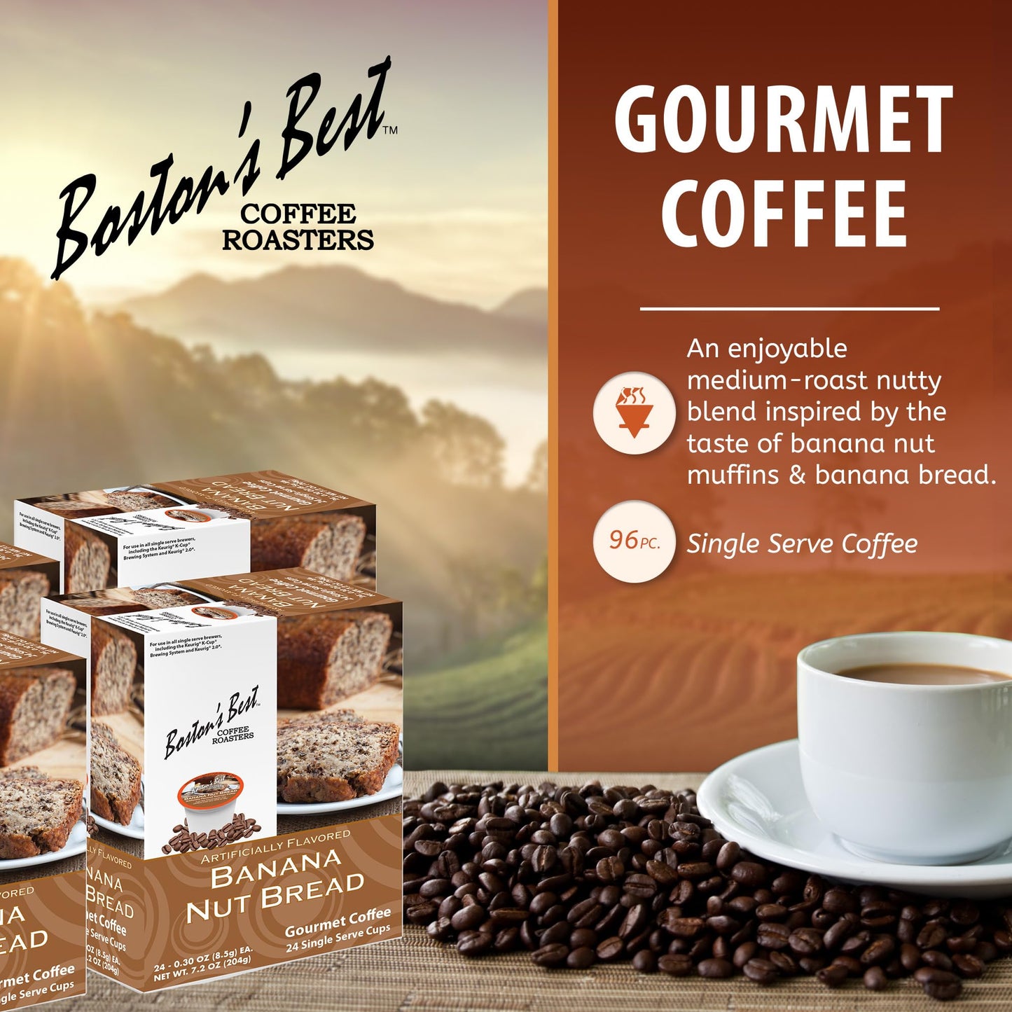 Bostons Best Gourmet Coffee - Banana Nut Bread Flavor, Compatible with Keurig, 24 Count (Pack of 4)