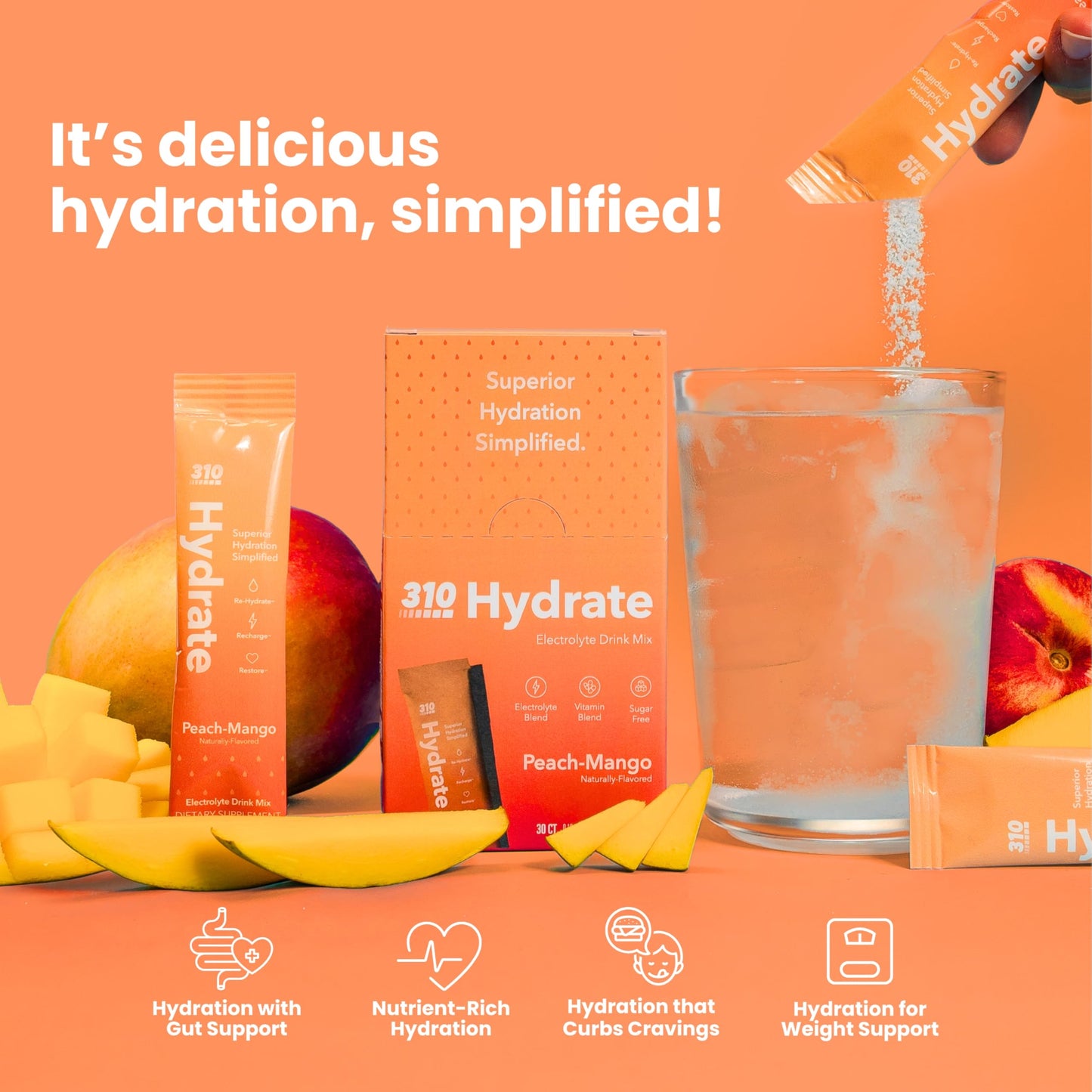 310 Hydrate Peach Mango Electrolytes Powder Packets - No Sugar Hydration Packets With Key Vitamins & Minerals - Keto Friendly -
