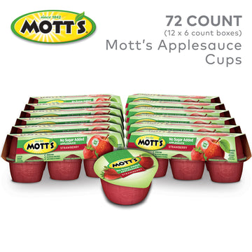Mott'S No Sugar Added Strawberry Applesauce, 3.9 Oz Cups, 72 Count (12 Packs Of 6), Good Source Of Vitamin C, No Artificial Flav