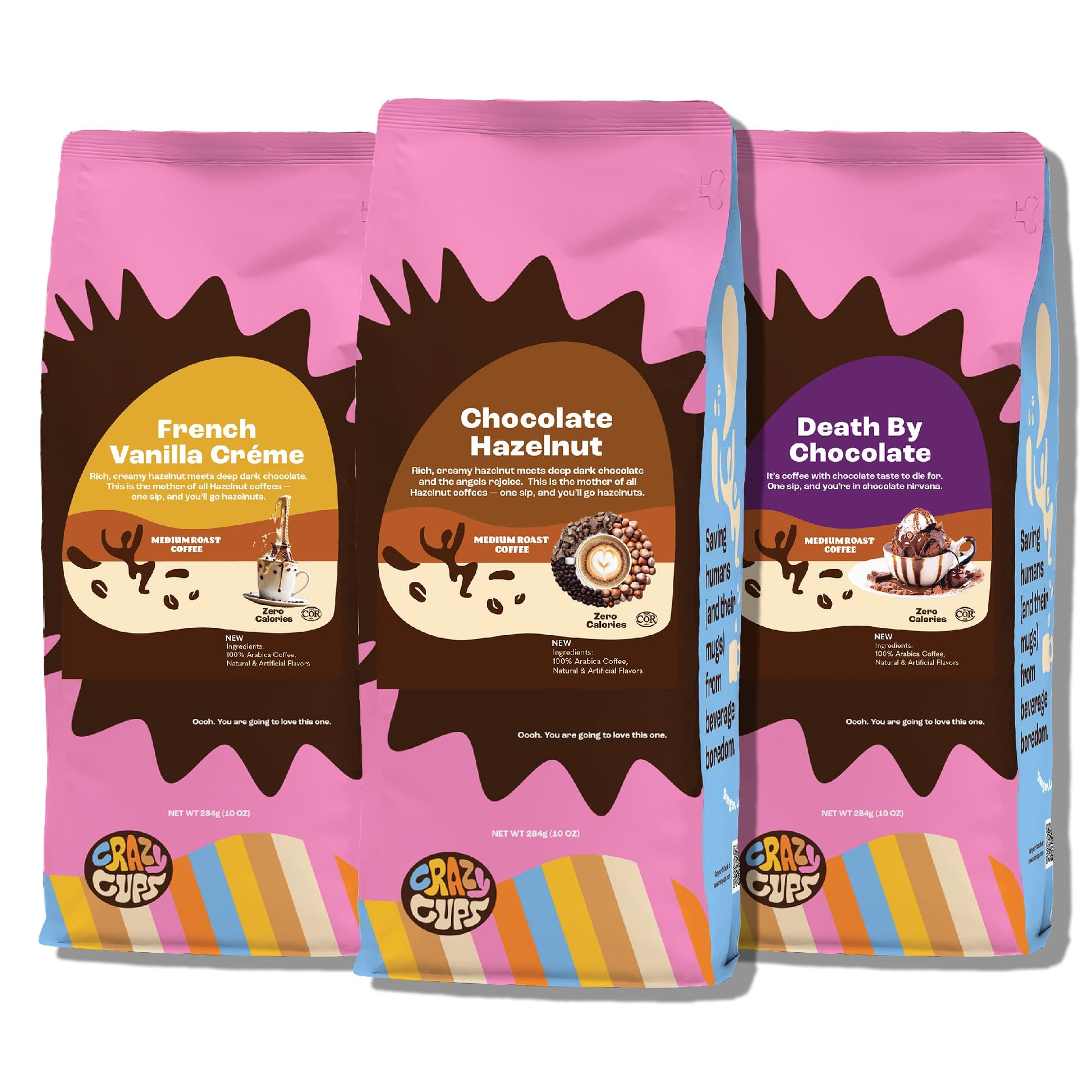 Crazy Cups Flavored Ground Coffee Variety Pack, Includes Chocolate Hazelnut, French Vanilla Creme & Death By Chocolate, In 10 Oz Bags, Variety 3 Pack