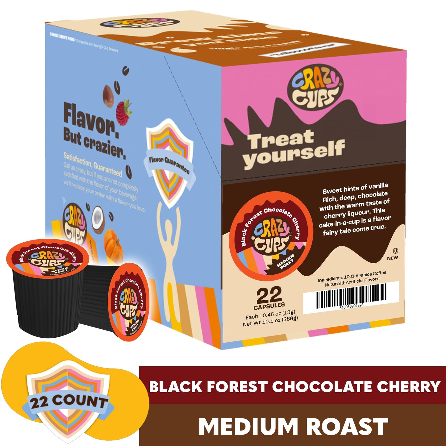 Crazy Cups Black Forest Chocolate Cherry Coffee Pods, Flavored Coffee Pods In Single Serve Cups Compatible With Keurig K Cups Ma