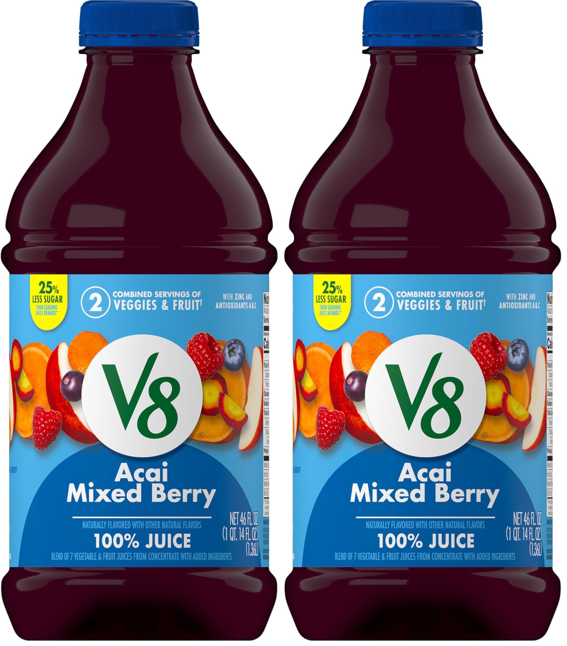 V8 Acai Mixed Berry 100% Fruit and Vegetable Juice, 46 fl oz Bottle (Pack of 2)